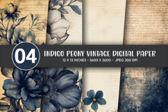 Indigo Peony Vintage Digital Paper Product Image 1