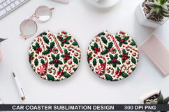 Candy Cane &amp; Holly Car Coaster Sublimation PNG Design Product Image 1