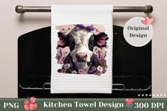 Cute Cow Kitchen Towel Design, Floral Dish Towel Template Product Image 1
