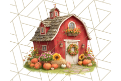 Fall Barn Clipart PNG With Pumpkins and Flowers, Autumn Png Product Image 4