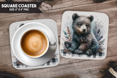Bear, Woodland Animals, Buffalo Plaid Square Coaster PNG Product Image 1