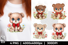 Cute Baby Teddy Bear with Flowers Clipart Sublimation PNG Product Image 1