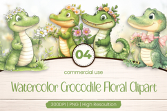 Watercolor Crocodile Floral Clipart PNG Product Image 1