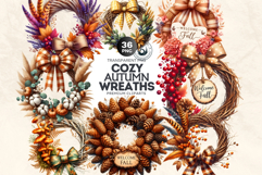 Cozy Autumn Wreaths - Boho Farmhouse Fall Clipart PNG Product Image 1