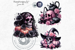 Pink and Black Gothic Halloween Skulls Clipart Set Product Image 10
