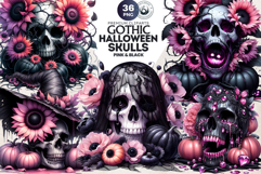 Pink and Black Gothic Halloween Skulls Clipart Set Product Image 1