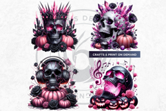 Pink and Black Gothic Halloween Skulls Clipart Set Product Image 7