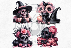 Pink and Black Gothic Halloween Skulls Clipart Set Product Image 8
