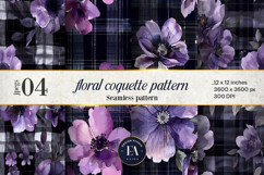 Black Purple Floral Gingham | Checkered floral pattern Product Image 1