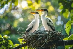 Two anhingas standing on nest in tree branch Product Image 1