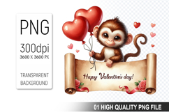 Cute Monkey Clipart PNG, Valentine&#039;s Day Animal PNG File Product Image 1
