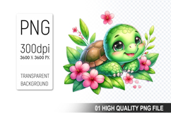 Floral Sea Turtle Clipart, Watercolor Sea Turtle PNG File Product Image 1