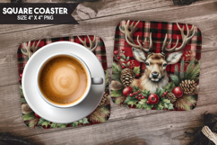 Deer, Woodland Animals, Buffalo Plaid Square Coaster PNG Product Image 1
