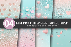 Mint Pink Glitter Heart Digital Paper Product Image 1