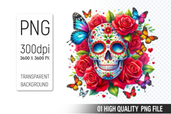 Sugar Skull Clipart PNG, Sublimation Skull Flowers Product Image 1