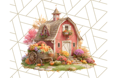 Fall Barn Clipart PNG With Pumpkins and Flowers, Autumn Png Product Image 5