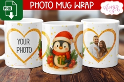 Christmas photo mug wrap PNG, Cute penguin mug template PNG Product Image 1