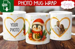 Christmas photo mug wrap PNG, Cute penguin mug template PNG Product Image 1