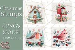 Vintage Christmas Stamp Clipart PNG Watercolor Product Image 1