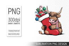 Cute Christmas Highland Cow , Animal Sublimation Clipart PNG Product Image 1