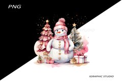 Pink Snowman Clipart, Gold and Pink Chistmas Clipart Product Image 1