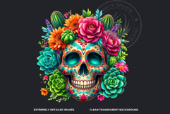 Floral Sugar Skull Day of the Dead Cliparts, dia de muertos Product Image 3