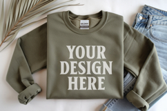 Military Green Gildan 18000 Folded Flat Lay Mockups Product Image 1