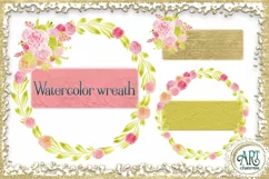 Watercolor Boho Floral Pink wreath gold frame PNG 5 elements Product Image 1
