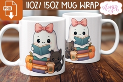 Cute Halloween mug wrap PNG, Book lover mug template Product Image 3