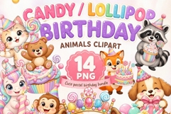 Candy Lollipop Birthday Animals PNG Clipart, Cute Pastel Product Image 1