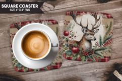 Deer, Woodland Animals, Buffalo Plaid Square Coaster PNG Product Image 1