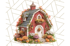 Fall Barn Clipart PNG With Pumpkins and Flowers, Autumn Png Product Image 2