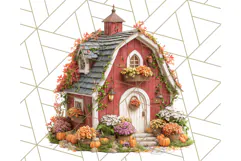Fall Barn Clipart PNG With Pumpkins and Flowers, Autumn Png Product Image 2