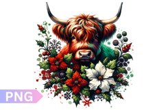 Christmas Floral Cow Sublimation - Clipart PNG Design Product Image 1