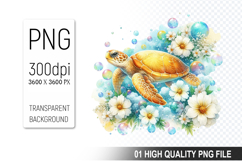 Floral Sea Turtle Clipart, Watercolor Sea Turtle PNG File Product Image 1