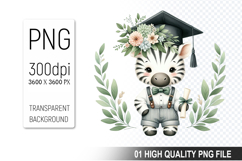 Zebra Clipart PNG, Watercolor Graduation Animals Clipart Product Image 1