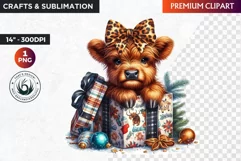 Christmas highland cow with gift Clipart, christmas clipart Product Image 1