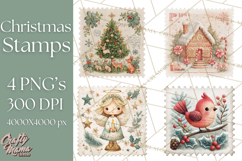 Vintage Christmas Stamp Clipart PNG Watercolor Product Image 1