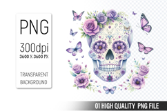 Sugar Skull Clipart PNG, Sublimation Skull Flowers Product Image 1