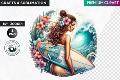 Aloha Surfing Girl Clipart , Surf Clipart, surfboard, Summer Product Image 1