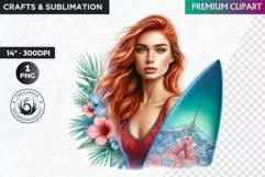 Aloha Surfing Girl Clipart , Surf Clipart, surfboard, Summer Product Image 1