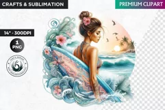 Aloha Surfing Girl Clipart , Surf Clipart, surfboard, Summer Product Image 1