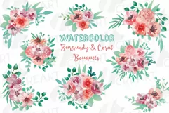 Coral and burgundy floral watercolor wedding bouquets decor Product Image 1