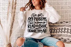 This reading SVG design uses a vertical arrangement of playful black lettering, varying font sizes, decorative swashes, and small accent marks to highlight a humorous bookish saying.