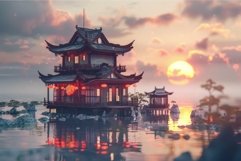 Serene asian pagoda at sunset Product Image 1