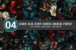 Dark Teal Ruby Floral Digital Paper Product Image 1