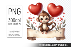 Cute Monkey Clipart PNG, Valentine&#039;s Day Animal PNG File Product Image 1