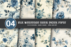 Blue Watercolor Floral Digital Paper Product Image 1