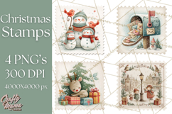 Vintage Christmas Stamp Clipart PNG Watercolor Product Image 1