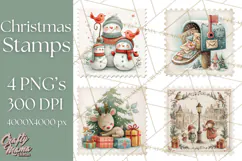 Vintage Christmas Stamp Clipart PNG Watercolor Product Image 1